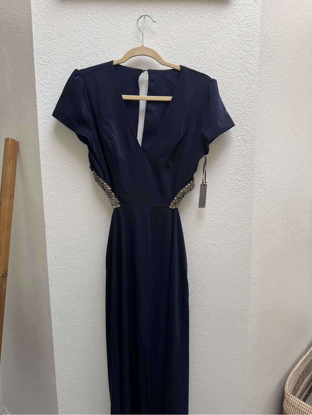 Lovers + Friends Navy V-Neck Prom Gown with Metallic Side Embellishment